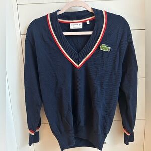 Vintage Women LACOSTE V-Neck Sweater Navy w/White Stripes & Red with Crocodile